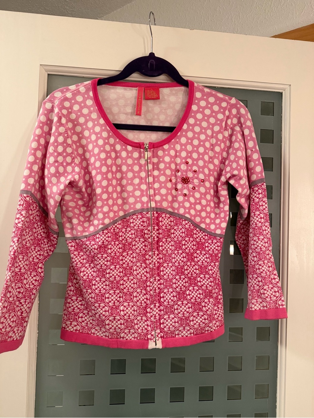 Charlotte Tarantola Pink Patterned Zip-Front Cardigan L